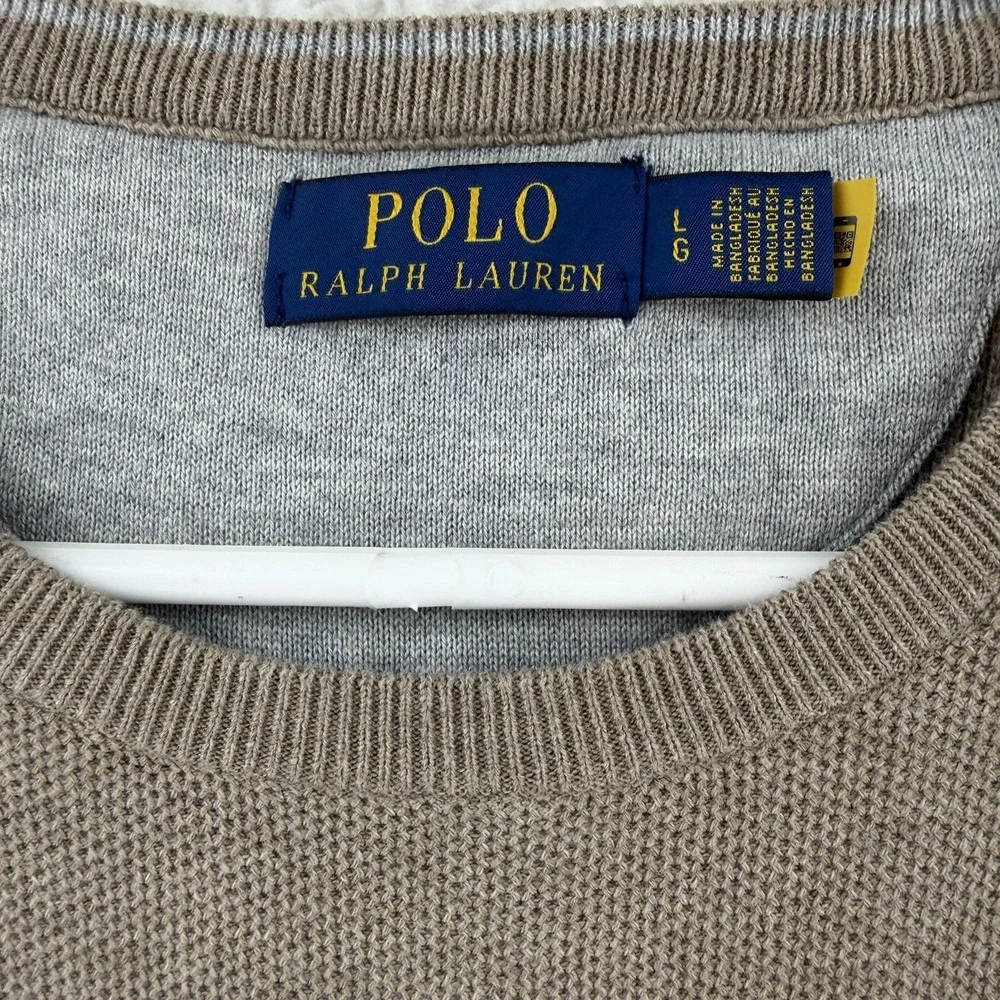 Polo Ralph Lauren Sweater Mens Large‎ Beige Cotton Crewneck Knit Pullover Logo